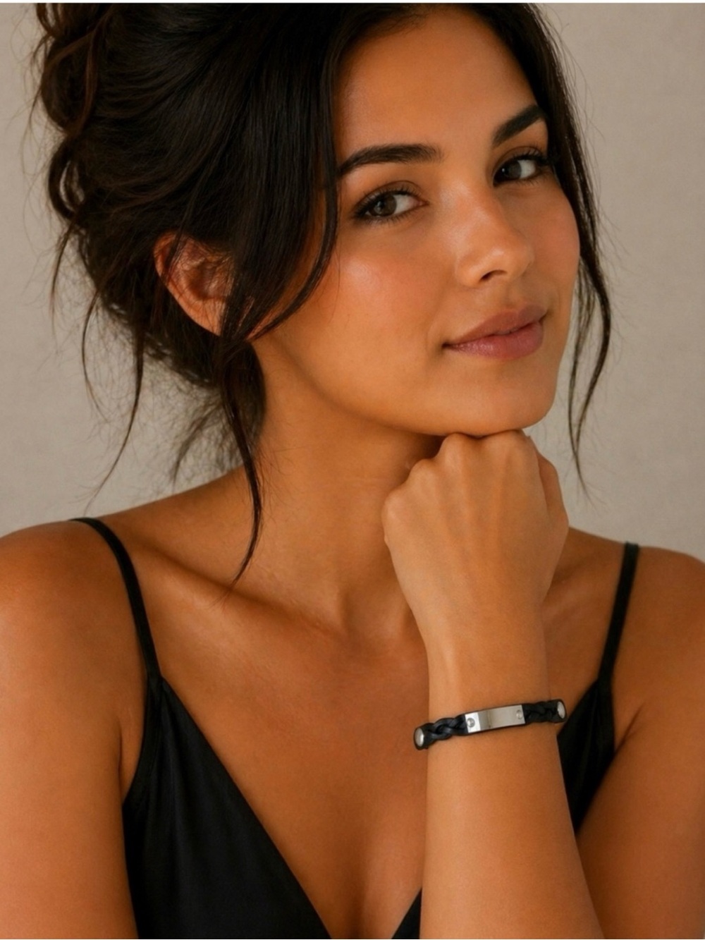 Braided Black Leather Bracelet with Silver Plate - New